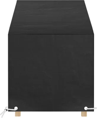 A black highboard is shown from the front, standing on wooden feet.