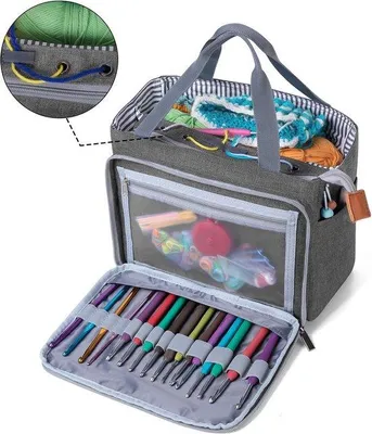 Produktbild von Famanu Handwerktasche für Häkeln, Garn und Stricken - Grau - Praktische Aufbewahrung für kreative Projekte