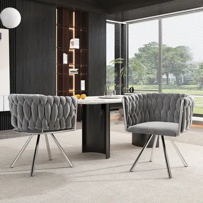 Immagine prodotto di okwish Sedia da pranzo in velluto, girevole, 2 pezzi, singola, color crema, sedia girevole per il soggiorno, con 4 gambe in metallo, grigio e argento