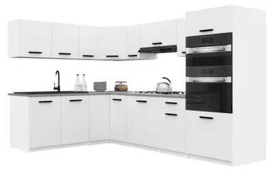 Image de Belini - Coin cuisine moderne ITALIA 8 - Meubles de cuisine 420 cm, blanc mat - Cuisine équipée avec éléments hauts, éléments bas et plans de travail