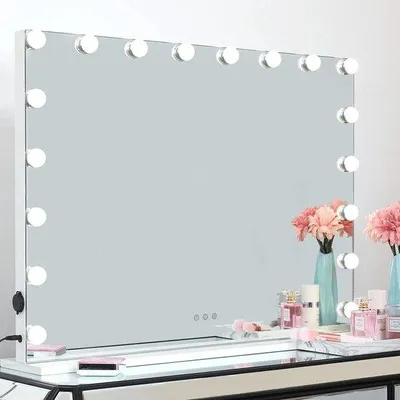 Image de Table de maquillage à LED avec 18 lampes à intensité variable, 3 températures de couleur, port USB, 80 x 60 cm