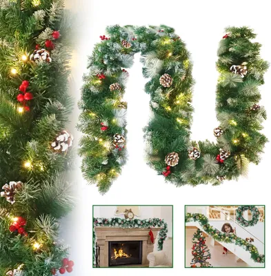 Produktbild von XINZI 800cm Tannengirlande Weihnachtsgirlande mit beleuchtung , Weihnachtsdeko Girlande mit Tannenzapfen Weißer Schnee und Rote Früchte
