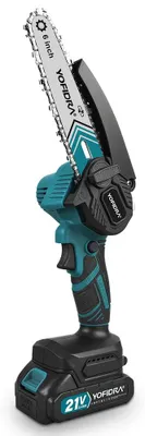 Produktbild von Elektrische Kettensäge - Akku Mini Kettensäge - 15 cm Schwertlänge - 21V 2000W Kupfermotor - Handliche Gartensäge zum Schneiden und Sägen - Set mit 2 Akkus