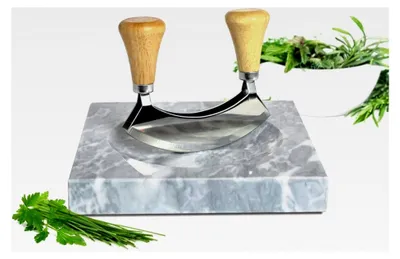 Produktbild von Marmor Kräuterbrett mit Wiegemesser 2,7kg Hackbrett Kräuterschneidebrett ca. 20x20cm