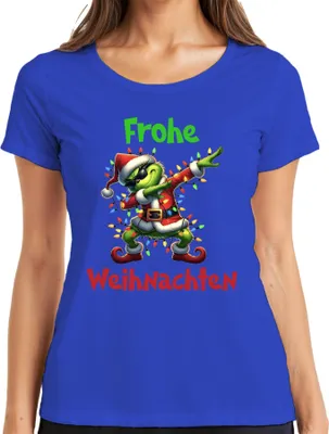 Produktbild von Frohe Weihnachten Dabender Grinch Weihnachtsmann Lichterkette Damen T-Shirt, Blau, L