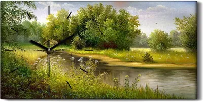 Produktbild von Wandkunst Leinwand Bild Uhr Geräuschlos 60x30 Gemälde Wald Bäume Fluss Natur - schwarze Hände