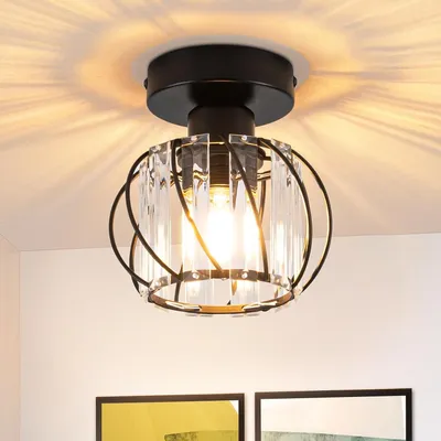 Image de Plafonnier ZMH en cristal, lampe pour couloir, douille E27, éclairage de plafond noir, lampe de cuisine avec cadre métallique, éclairage de plafond pour couloir, cuisine, balcon, salon, hôtel