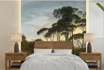 Produktbild von MuchoWow® Fototapete für Wohnzimmer oder Schlafzimmer Wandtapete Vinyl Motivtapete Italienische Landschaft mit Zirbelkiefer - Gemälde von Hendrik Voogd - 350x350 cm - Schlafzimmertapete
