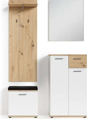 Produktbild von byLIVING 4-teiliges Garderobenset Jakob, in weiß/Artisan Eiche, mit Spiegel, Schuhkommode, Wandpaneel und Sitzbank