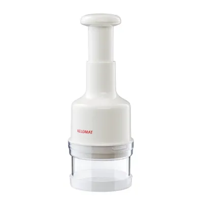 A white and clear plastic food chopper with a plunger mechanism.