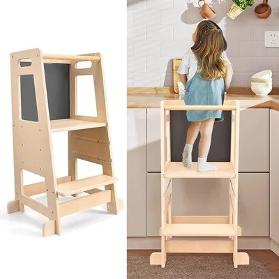 Image de Chaise haute d'apprentissage pour enfants | 3 hauteurs réglables, en bois avec plateau | Chaise haute pour bébés | Chaise haute en bois naturel