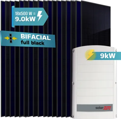 Produktbild von SUNNIVA® 9.0 kW Solaranlage, 18x 500 W Solarmodule Fullblack Bifacial, Wechselrichter SolarEdge SE9K (3-phasig)