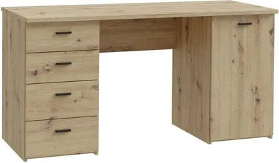 Image de Bureau Droit GOLDSBORO, 145,2 x 60 x 75,3 cm, Chêne Artisan et Noir, 4 Tiroirs, Porte de Rangement, Tablette