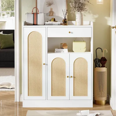 Produktbild von Rattan Schuhschrank / Aufbewahrungsschrank mit Stauraum 1 Schublade 3 Türen mit verstellbaren Regalen Maße: 90 x 35 x 110 cm