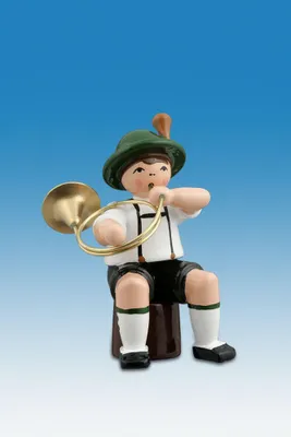 Produktbild von Holzfigur Musikanten mit Hut und Parforcehorn sitzend Höhe 7cm NEU