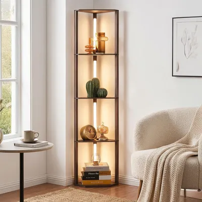 Produktbild von EDISHINE Stehlampe Wohnzimmer mit 4 Holz-Regal, LED Dimmbar Stehlampe mit 360° Drehbarer Lichtmast