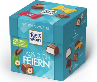 Produktbild von Open Food Schokowürfel Lass Dich feiern - Ritter Sport - 176 g, 176 g, e322, Kakaomasse', palmfett*, süßmolke, kokosöl, laktose, anderen schalenfrüchten und ei enthalten..., 2377 kJ, 571 kcal, 47 g
