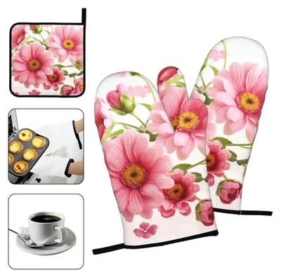 Produktbild von Ofenhandschuhe und Topflappen, 3-teiliges Set, rosa Blumen, hitzebeständig, rutschfeste Topflappen