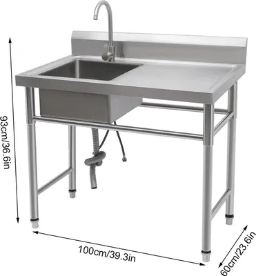 Obrázek produktu pro Dřez z nerezové oceli – Samostatně stojící dřez – S otočnou baterií o 360° – Nosnost 200 kg – Rozměry 100x60x93 cm – Kartáčovaná povrchová úprava