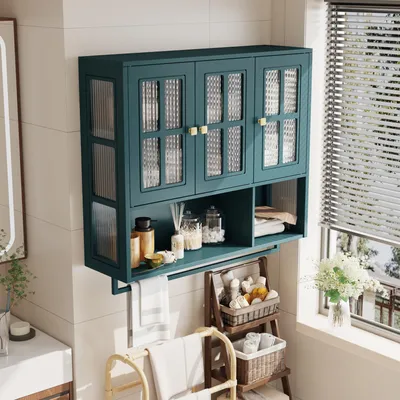 Produktbild von okwish Wandschrank Hängeschrank mit Glastür und Handtuchhalter,Medizinschrank mit 3-türiger Design,Badezimmerschrank mit offenem und verstecktem Stauraum,Dunkelgrün