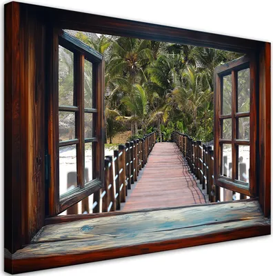 Produktbild von Leinwandbild Blick aus dem Fenster Tropeninsel Palmen 120x80 Feeby Braun bild für die wand bereit zum aufhängen