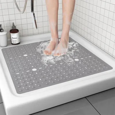 Produktbild von Rutschfeste Duschmatte 69x69cm Grau mit Saugnäpfen und Abflusslöchern