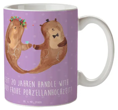 Produktbild von Mr. & Mrs. Panda Kaffeetasse 20. Hochzeitstag Porzellanhochzeit - Lavendeltraum - Geschenk, Glückwünsche, Heiraten, Tasse mit Motiv, Liebe, haferl, Geschenke, Trinkbecher
