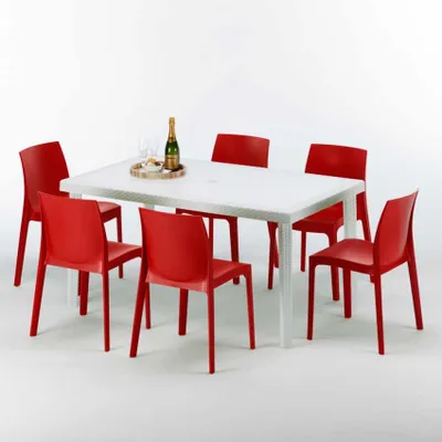 Produktbild von Weiß Rechteckig Tisch und 6 Stühle Farbiges Polypropylen-Außenmastenset Grand Soleil Rome Summerlife - Rot