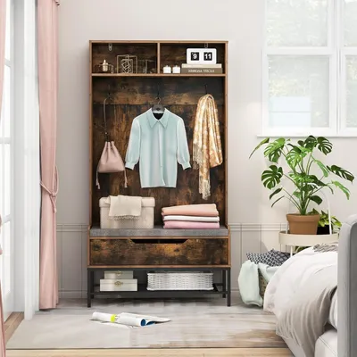Image de Porte-manteau – Étagère à manteaux – Banc à chaussures – Rangement à chaussures – Meuble d'entrée – Design 4 en 1 avec coussin de siège