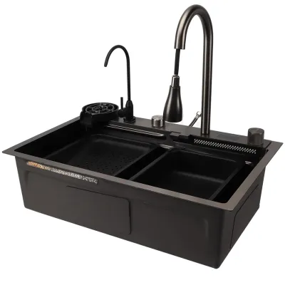 Produktbild von Smart Edelstahl Küchenspüle 68x45cm Einbauspüle mit LED-Anzeige, Wasserfall Spüle, mit Abtropfkorb, Becherspüler, Ablaufgarnitur-Set usw. Schwarz