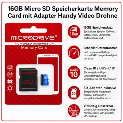 Produktbild von 16GB Micro SD Speicherkarte Memory Card mit Adapter Handy Video Drohne, KI-generiertes Bild