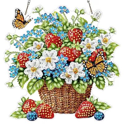 Image de Kit de loisirs créatifs pour adultes : pendentif "peinture diamant" représentant des fraises et des fleurs, ornement à suspendre