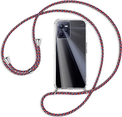 Produktbild von Handykette Backcover-Schutzhülle mit Band (Metall silberfarben) für Realme C35 - silber/blau/rot