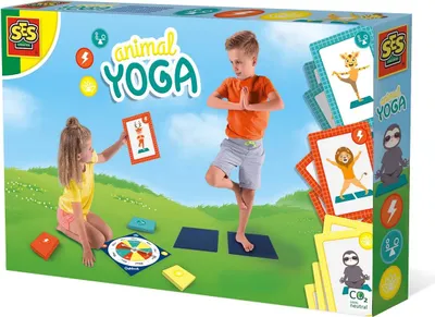 Children playing an animal yoga game on a grassy field with a blue sky.
