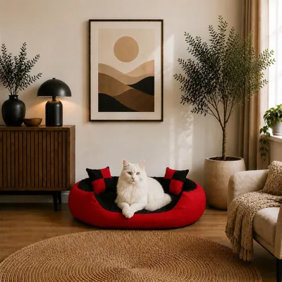 Produktbild von belviona Katzenkörbchen 4-in-1, wendbares Katzenbett mit niedrigem Einstieg, kratzfest & wasserabweisend, 85x70 cm, rot/schwarz, KI-generiertes Bild
