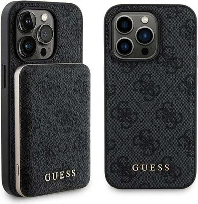 Produktbild von Guess Bundle Pack MagSafe 4G Metall Gold Logo - Etui Set + Power Bank 5000mAh MagSafe iPhone 15 Pro Max (schwarz)