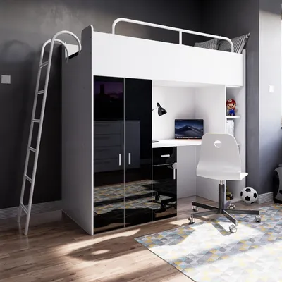 Produktbild von Marlux-Meble Hochbett JSM-4 80x190 mit Kleiderschrank Schreibtisch und Leiter Hochglanz Kinderbetten Funktionsbett Etagenbett Stockbett Kinderhochbett Jugendhochbett (Schwarz Glanz)
