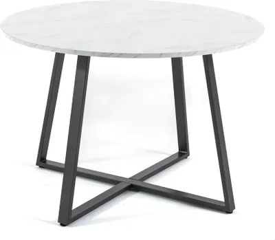 Produktbild von Runder Tisch 110 cm aus Melamin mit lackiertem Metallgestell – modernes und elegantes Design für Küche, Esszimmer und Büro – DAMIANO – Weißer Marmor