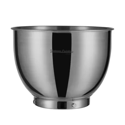 A stainless steel mixing bowl is shown against a white background.