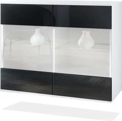 Produktbild von Vladon Kommode Bari V3, Moderner Küchenschrank mit 2 großen Glastüren inkl. RGB Beleuchtung Weiß matt / Schwarz Hochglanz (92,5 x 73.5 x 35)