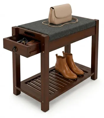 Produktbild von Bambus Sitzbank mit Schubkasten, 1 Ablagefläche & Sitzkissene Schuhbank, Flurbank & Garderobenbank Espresso 55,5 cm