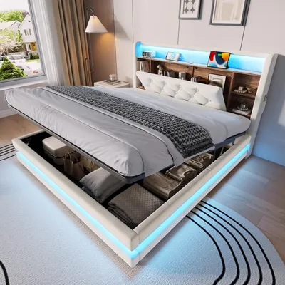 Immagine prodotto di Letto matrimoniale MODFU 140 x 200 con contenitore, letto per ragazzi con LED e testiera imbottita, letto imbottito idraulico con rivestimento in velluto, struttura del letto senza materasso, color beige