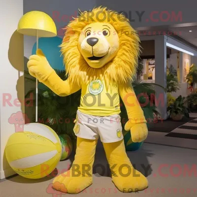 Produktbild von Zitronengelber REDBROKOLY Löwe Maskottchen Kostüm Charakter gekleidet mit einem Bikini und Schnürsenkeln
