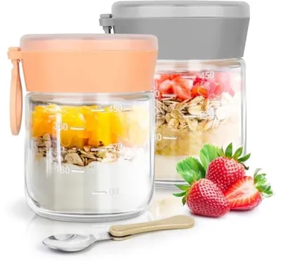 Productafbeelding van PromoHome® 2-delige glazen beker voor havermout, 500 ml, met inklapbare lepel, geschikt voor overnight oats, maaltijdvoorbereiding, salade en yoghurt