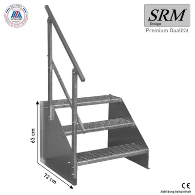 Obrázek produktu pro 3 stupňové schodiště model 1 volně stojící pozinkované schodiště ocelové schodiště šířka 60 cm výška 63 cm 1x zábradlí