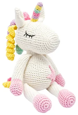 Produktbild von Handgestricktes Einhorn "Glücksbringer" Spielzeug aus Baumwolle 28cm