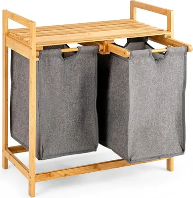 Obrázek produktu pro Bambusový koš na prádlo se dvěma přihrádkami 2dílný koš na prádlo 64 x 33 x 73 cm Přírodní