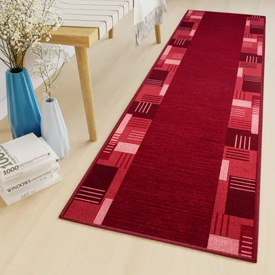 Produktbild von Läufer Teppich Meterware Flur Wohnzimmer Schlafzimmer Kurzflor Modern Design Rutschfest Rot 67 x 120