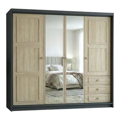 Produktbild von Geräumiger viertüriger Kleiderschrank OSLO mit Schubladen und Metallgriffen – modernes Design Farbe: Graphit | Sonoma