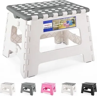 A white and gray folding step stool is shown from a slightly elevated front-left angle. Below the main product image, there are five smaller images of the same stool in different colors.